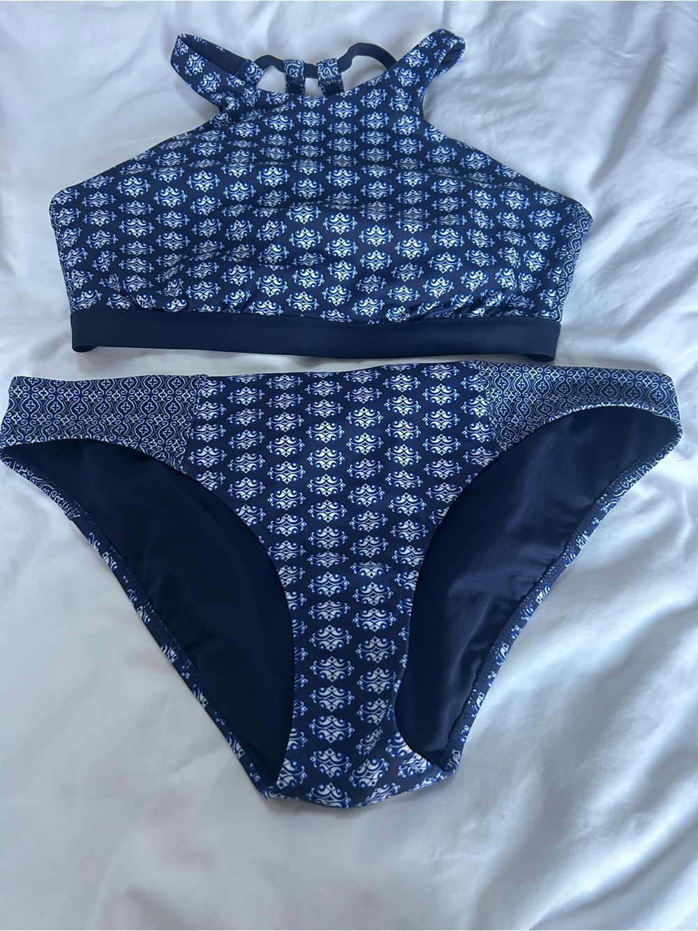 Athleta Navy and White High-Neck Patterned Swim Bikini Set